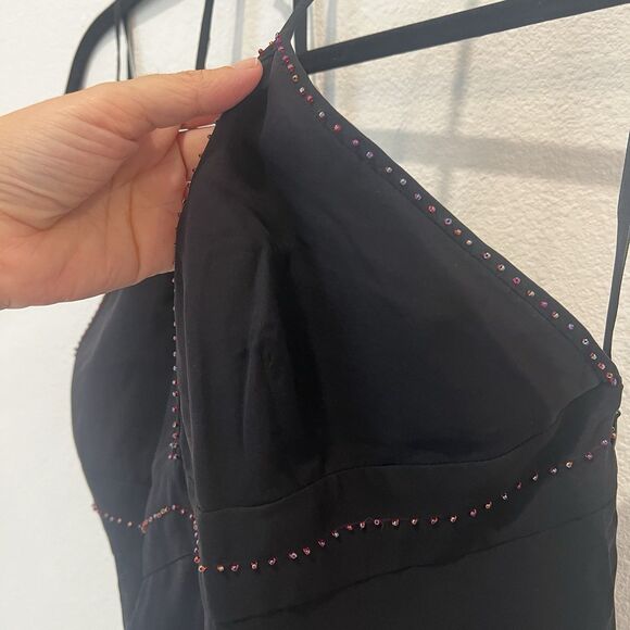 Vtg Y2K Floral Deep V Neck Womens Dress 100% Silk Empire Style Beaded Size 14 - Picture 3 of 8